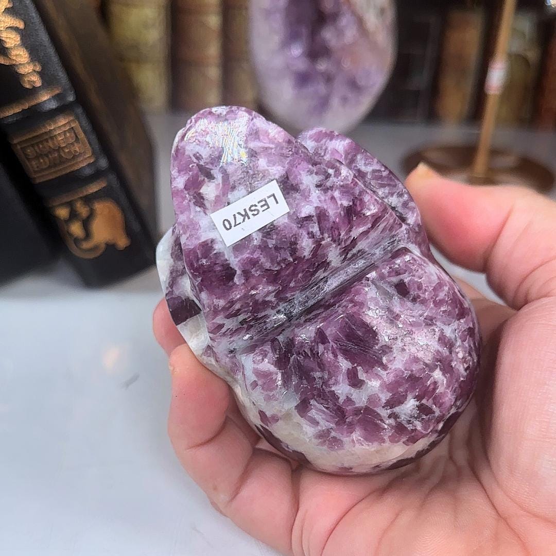 Flashy Lepidolite Skull Crystal Realistic Stone Sculpture Altar Reiki Energy Healing Stress