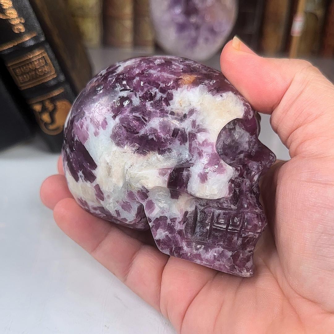 Flashy Lepidolite Skull Crystal Realistic Stone Sculpture Altar Reiki Energy Healing Stress