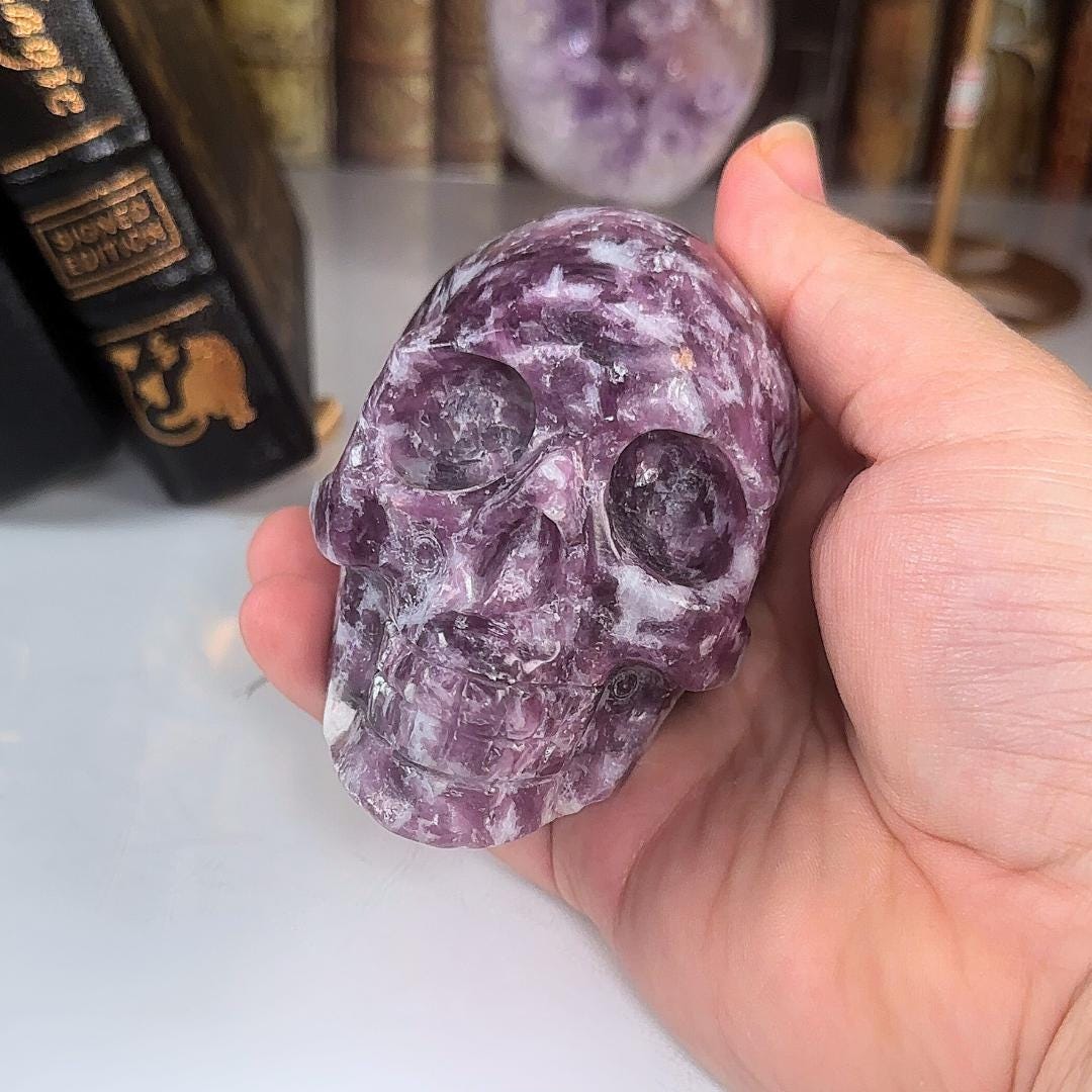 Flashy Lepidolite Skull Crystal Realistic Stone Sculpture Altar Reiki Energy Healing Stress