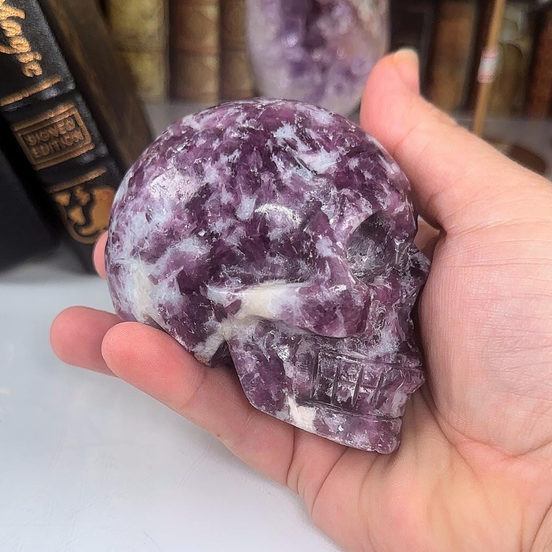 Flashy Lepidolite Skull Crystal Realistic Stone Sculpture Altar Reiki Energy Healing Stress