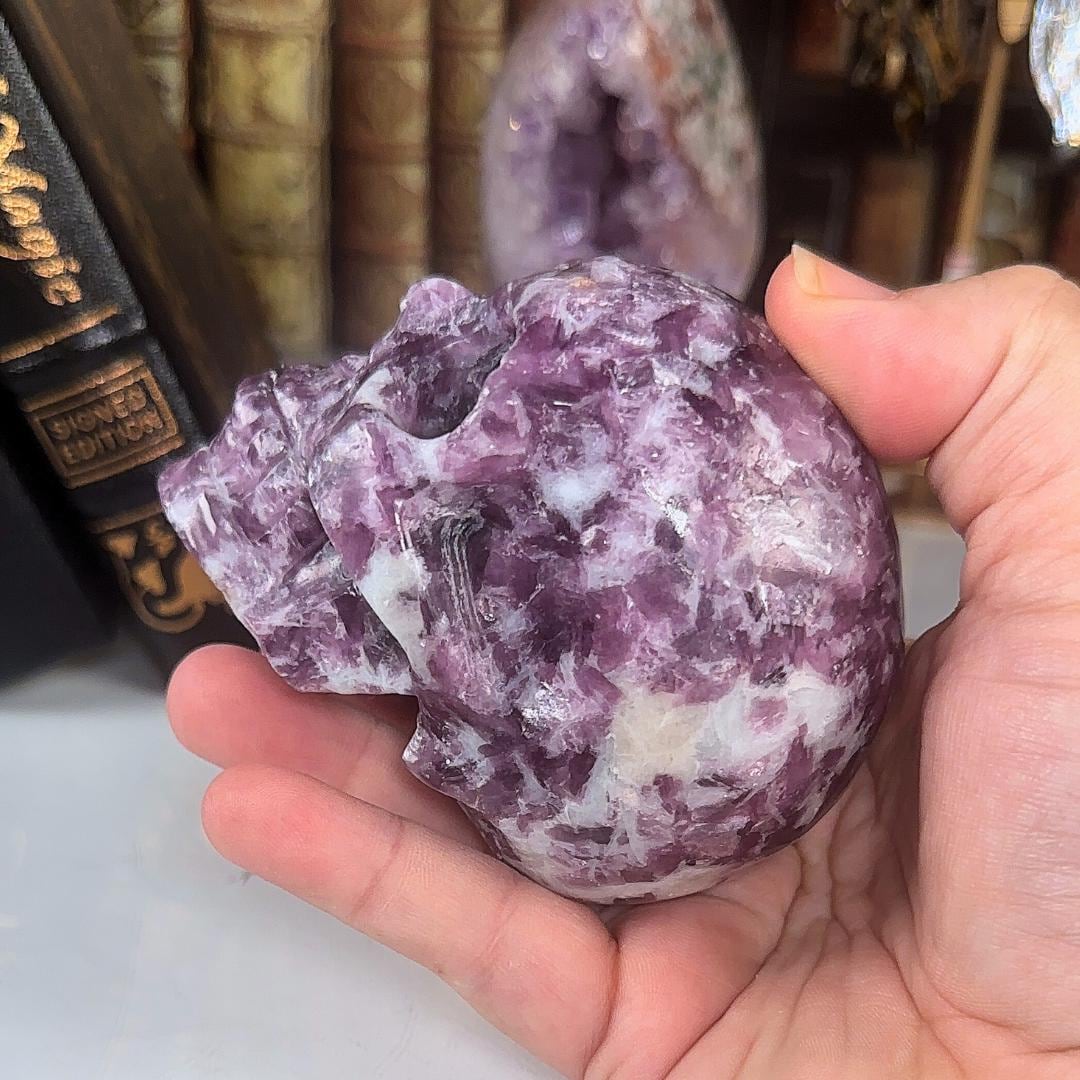 Flashy Lepidolite Skull Crystal Realistic Stone Sculpture Altar Reiki Energy Healing Stress