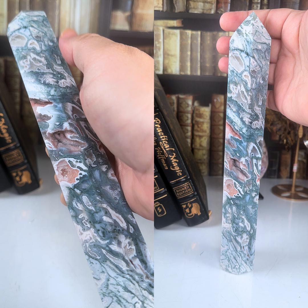 Large Pink Moss Agate Tower | US Seller | Crystal Gemstone Throat Chakra Energy Healing Altar Feng Shui