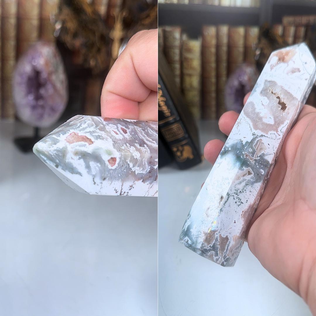 Large Pink Moss Agate Tower | US Seller | Crystal Gemstone Throat Chakra Energy Healing Altar Feng Shui