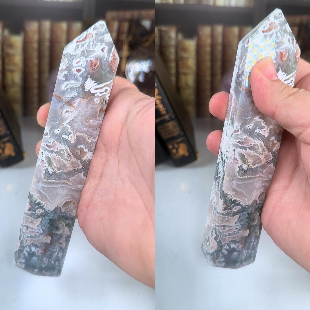 Large Pink Moss Agate Tower | US Seller | Crystal Gemstone Throat Chakra Energy Healing Altar Feng Shui