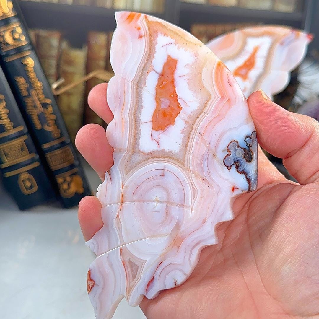 Flower Agate Carnelian Crystal Wings | Stone Carving Sculpture Healing Altar Reiki Feng Shui Altar