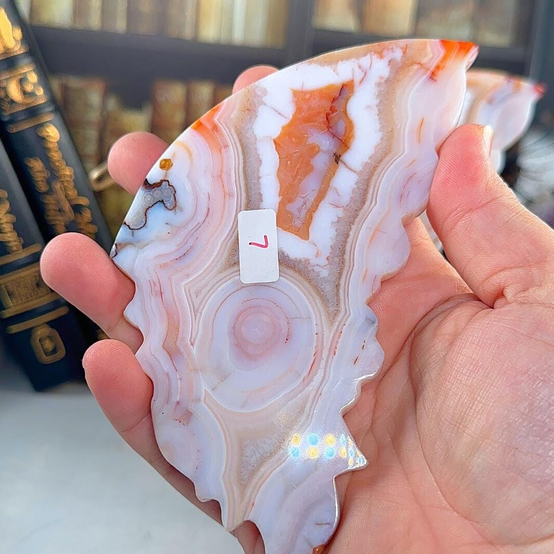 Flower Agate Carnelian Crystal Wings | Stone Carving Sculpture Healing Altar Reiki Feng Shui Altar