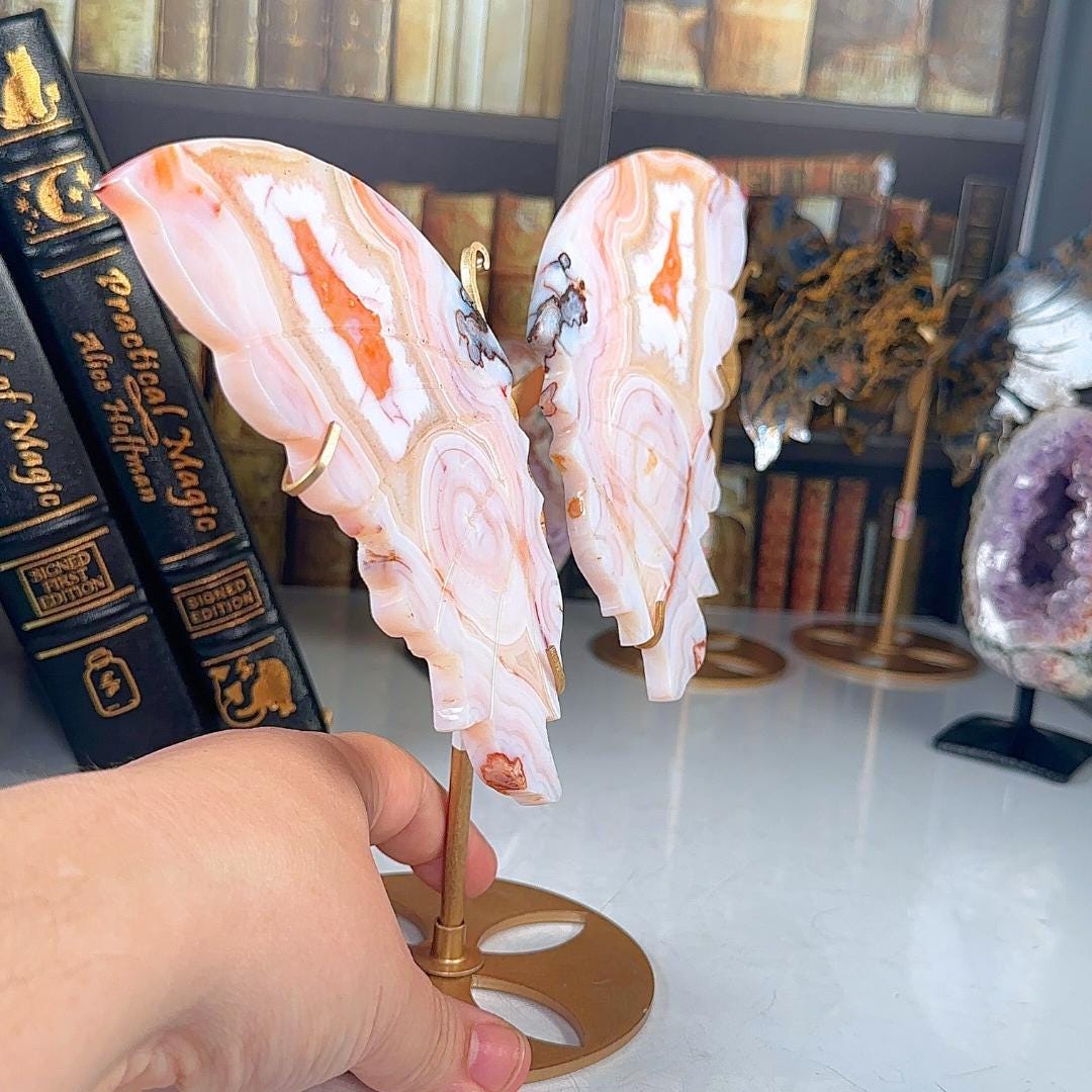 Flower Agate Carnelian Crystal Wings | Stone Carving Sculpture Healing Altar Reiki Feng Shui Altar