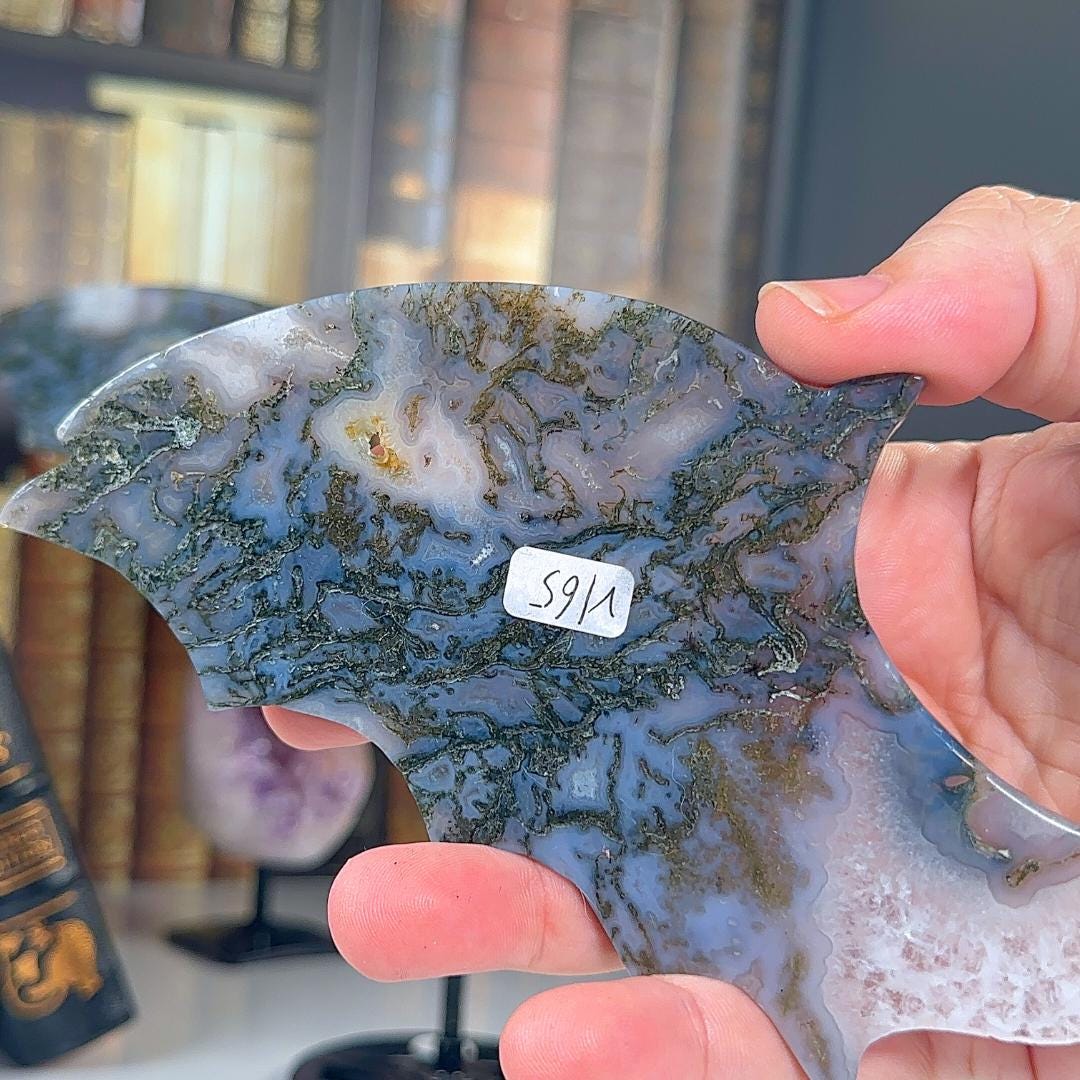 Druzy Blue Moss Agate Wings | Crystal Carving Statement Piece | US Seller