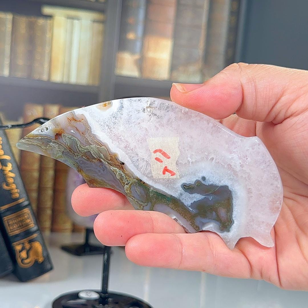 Druzy Moss Agate Wings | Crystal Carving Statement Piece | US Seller