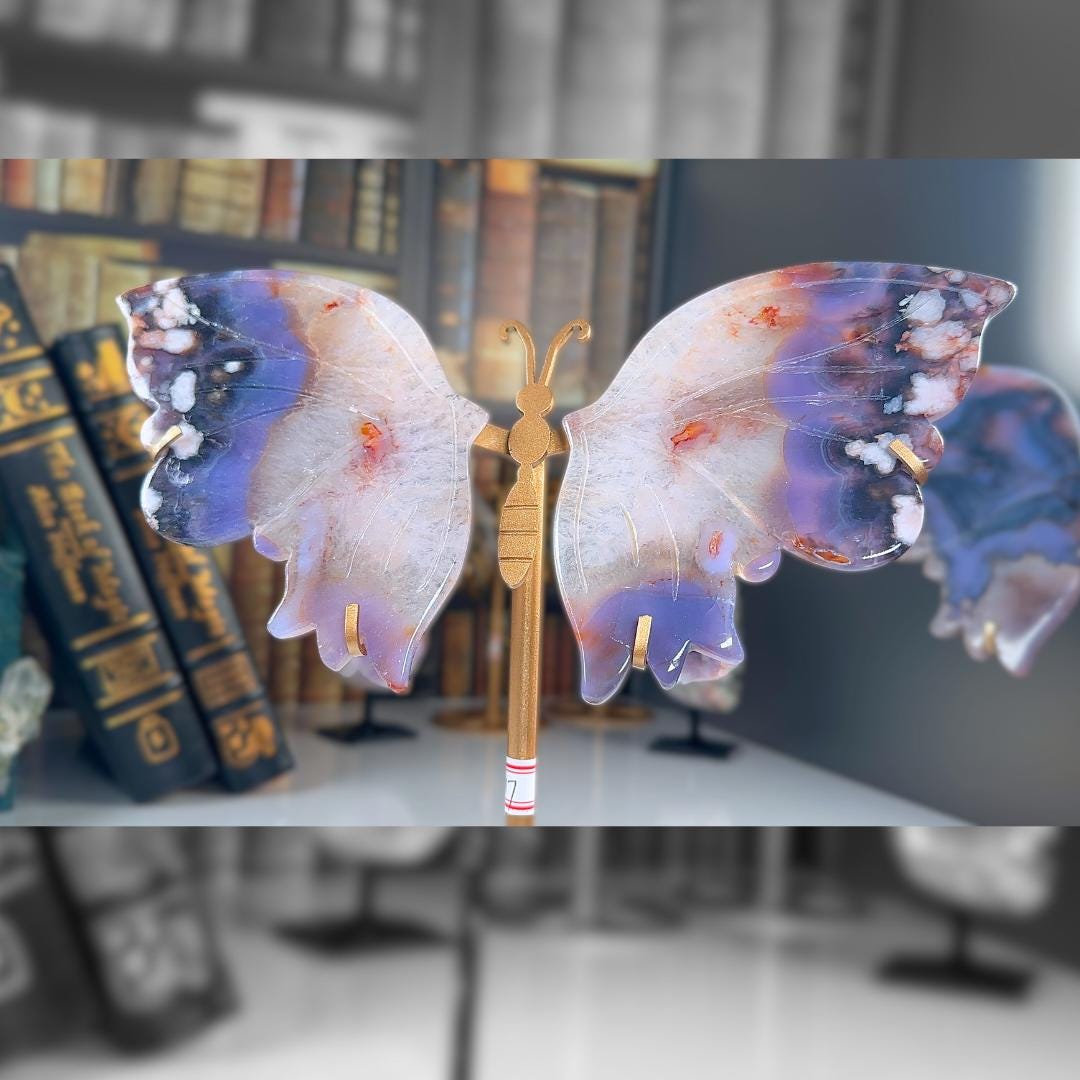Blue Flower Agate Wings With Stand | High Quality Crystal | Flower Agate | US Seller