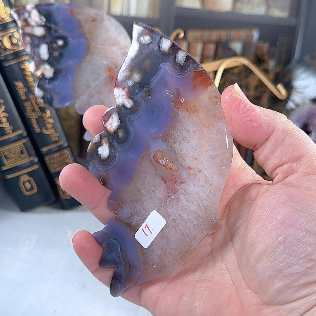 Blue Flower Agate Wings With Stand | High Quality Crystal | Flower Agate | US Seller