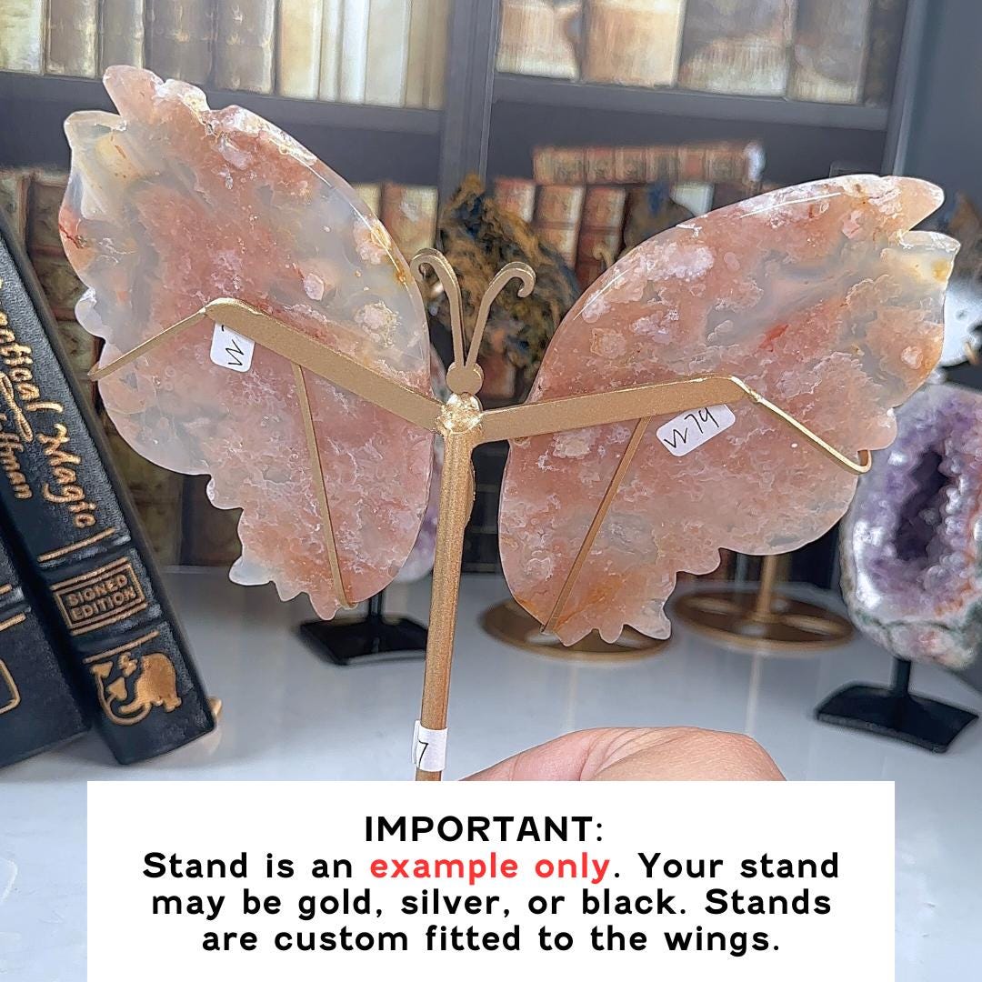 Flower Agate Pink Amethyst Crystal Wings | Stone Carving Sculpture Healing Altar Reiki Feng Shui Altar