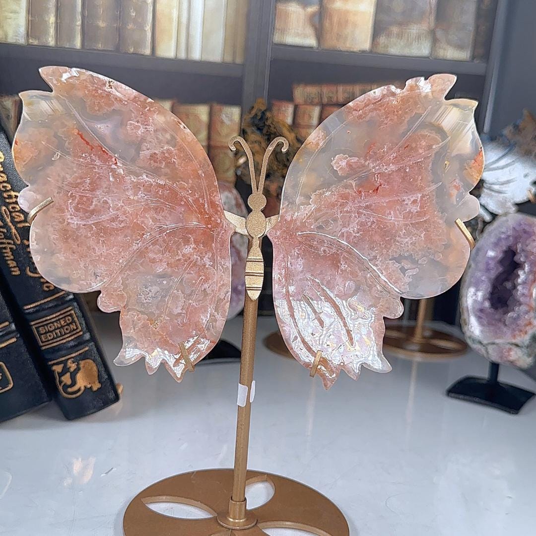 Flower Agate Pink Amethyst Crystal Wings | Stone Carving Sculpture Healing Altar Reiki Feng Shui Altar
