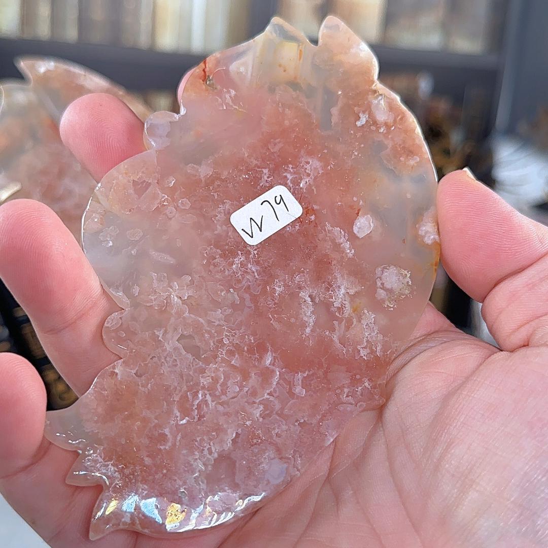 Flower Agate Pink Amethyst Crystal Wings | Stone Carving Sculpture Healing Altar Reiki Feng Shui Altar