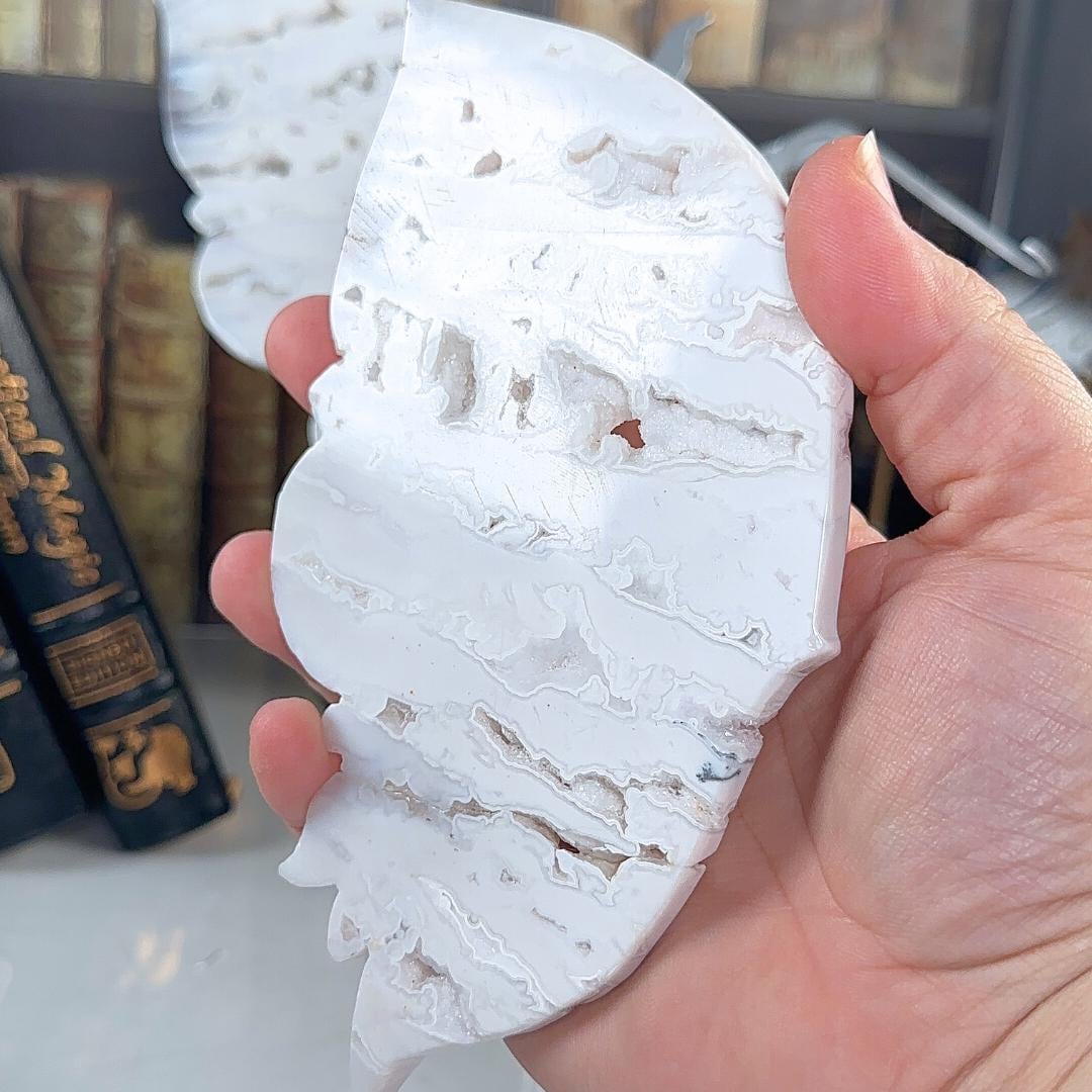 Druzy Snow White Agate Pink Amethyst Crystal Wings | Stone Carving Sculpture Healing Altar Reiki Feng Shui Altar