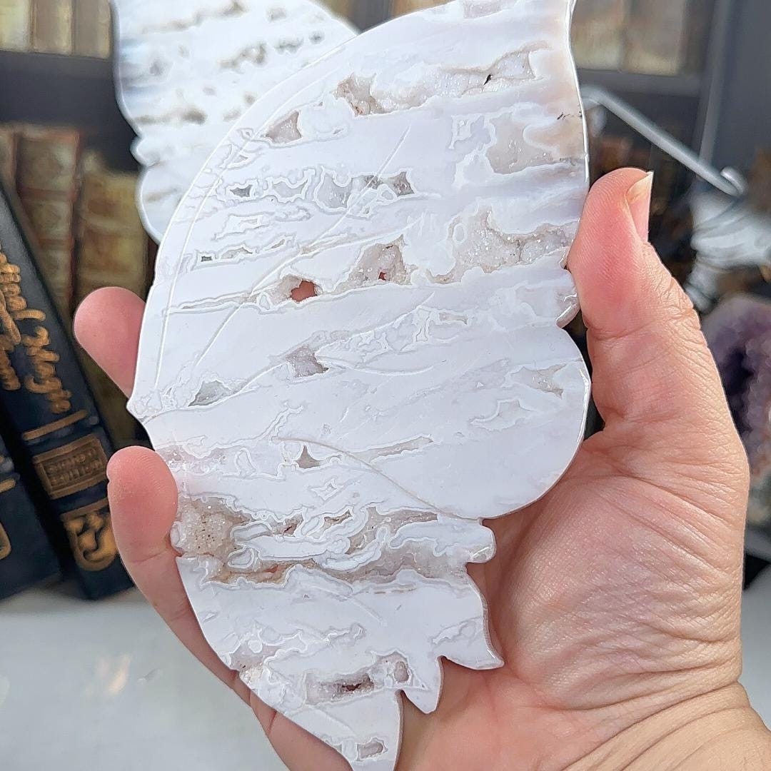 Druzy Snow White Agate Pink Amethyst Crystal Wings | Stone Carving Sculpture Healing Altar Reiki Feng Shui Altar