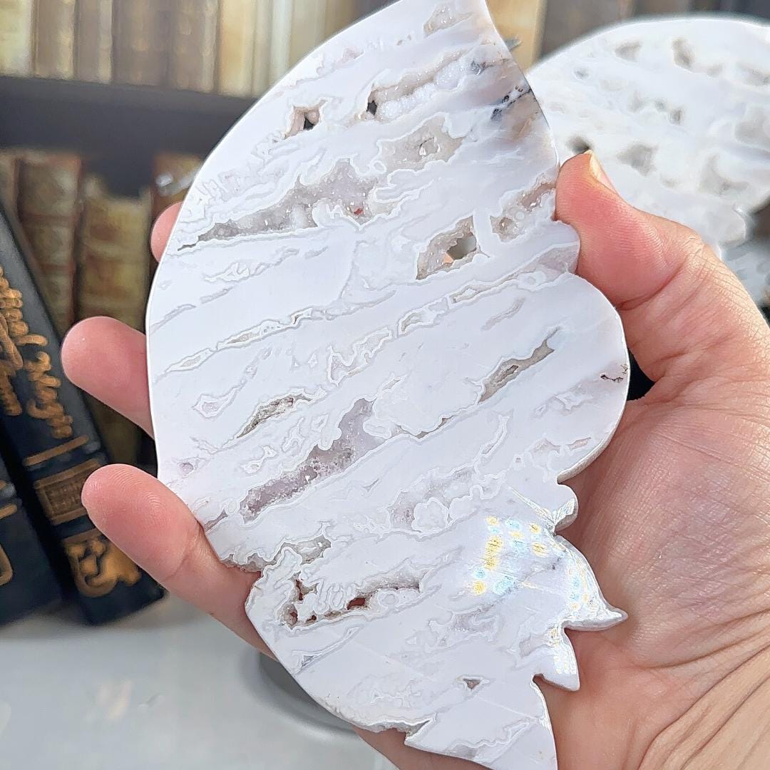 Druzy Snow White Agate Pink Amethyst Crystal Wings | Stone Carving Sculpture Healing Altar Reiki Feng Shui Altar