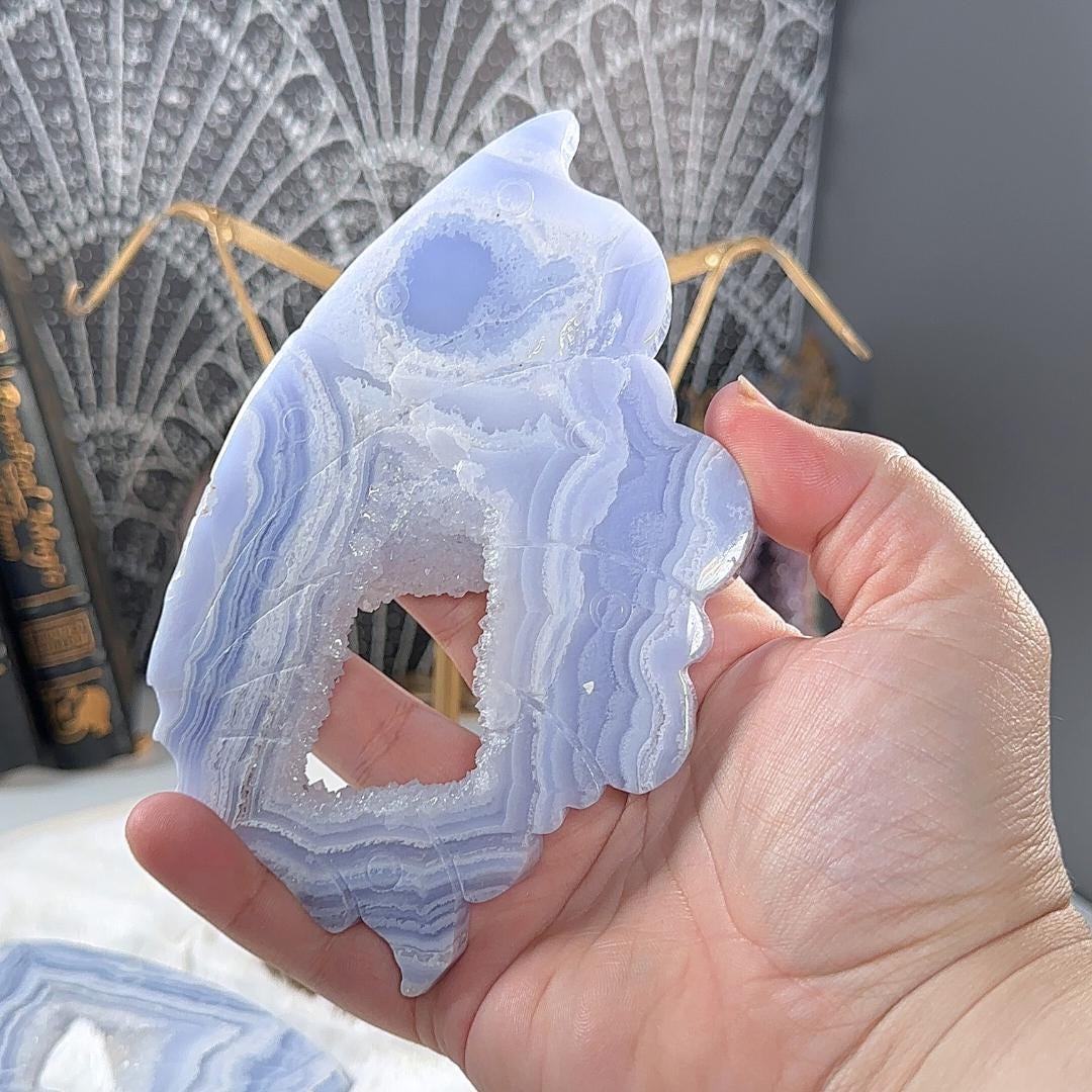 XL Druzy Blue Lace Agate Wings Crystal Carving | US Seller