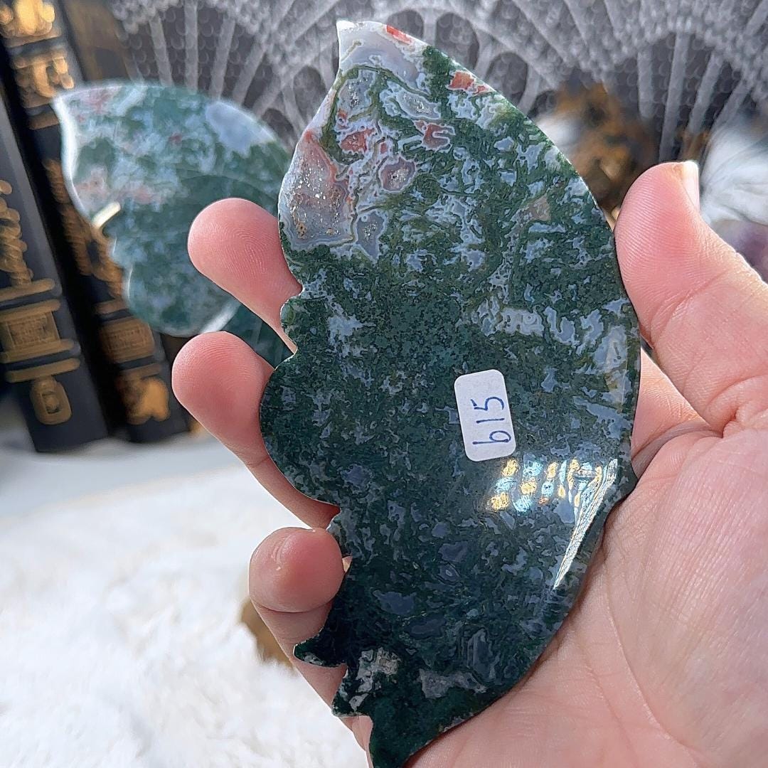 Druzy Green Moss Agate Wings | Crystal Carving Statement Piece | US Seller