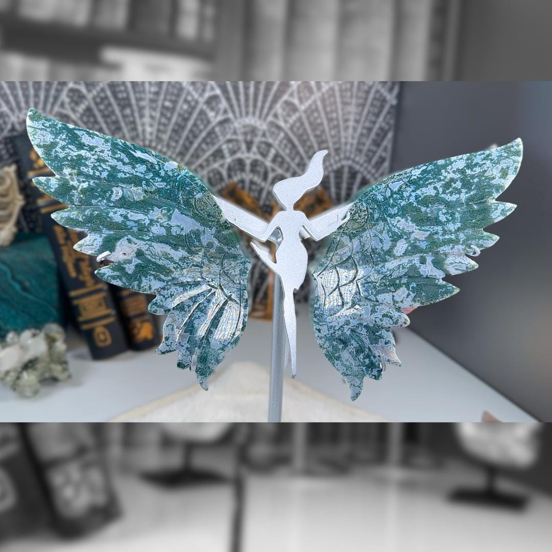Druzy Green Moss Agate Angel Wings | Crystal Carving Statement Piece | US Seller