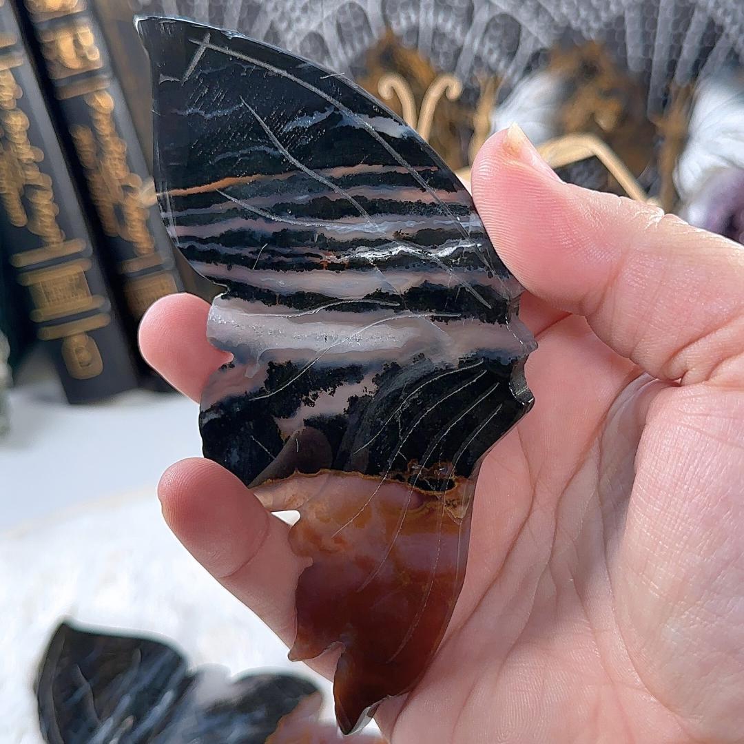 Druzy Black Agate Jasper Crystal Wings | Stone Carving Sculpture Healing Altar Reiki Feng Shui Altar