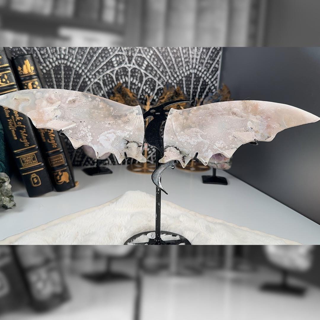 Flower Agate Crystal Dragon Wings | Stone Carving Sculpture Healing Altar Reiki Feng Shui Altar