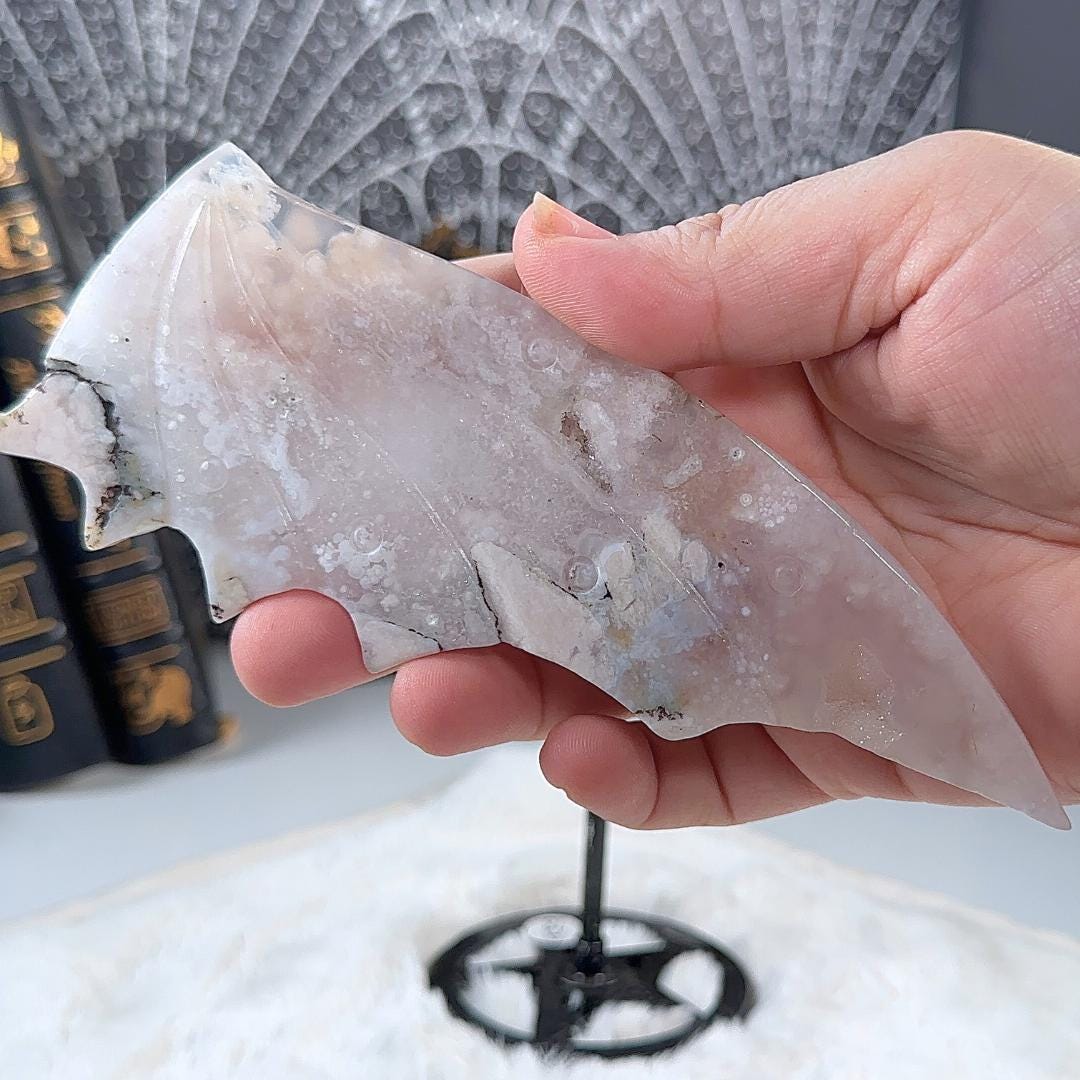 Flower Agate Crystal Dragon Wings | Stone Carving Sculpture Healing Altar Reiki Feng Shui Altar