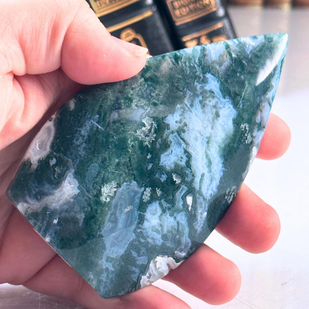 Druzy Moss Agate Teardrop | Flame Freeform Crystal Carving Statement Piece | US Seller