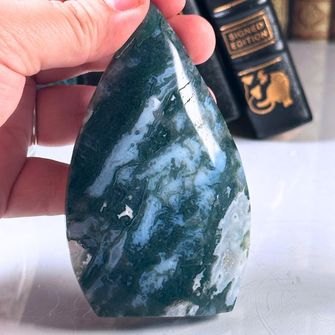 Druzy Moss Agate Teardrop | Flame Freeform Crystal Carving Statement Piece | US Seller
