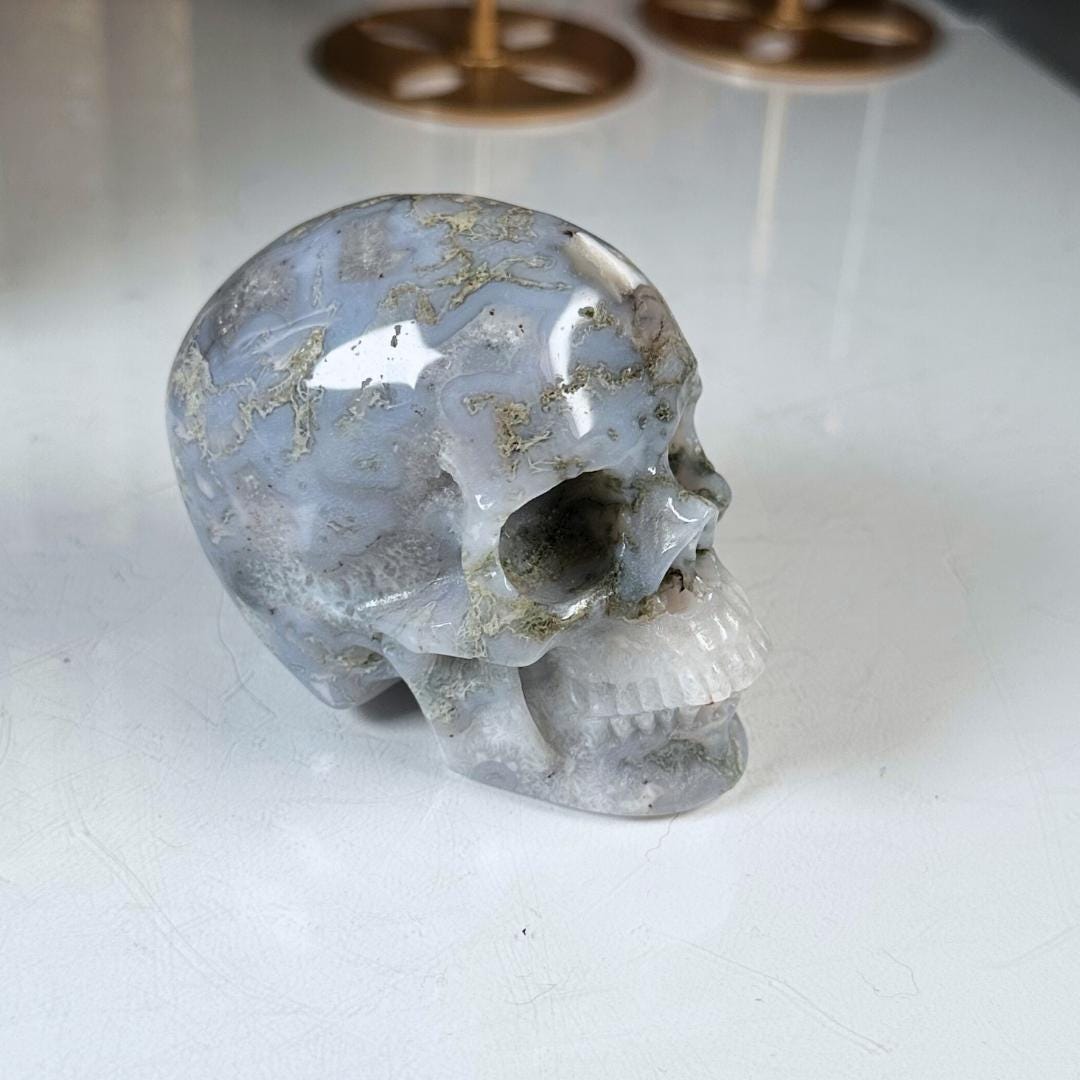 Blue Moss Agate Skull Healing Crystal Druzy Moss Agate Carving Stone Statue Energy Goddess Body Energy Reiki Altar