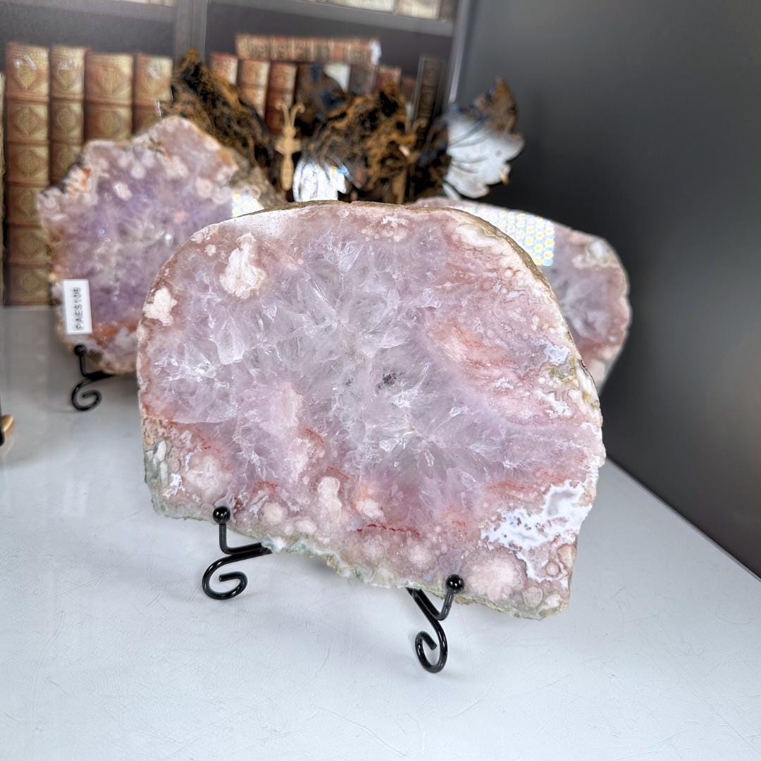 Pink Amethyst Druzy Flower Agate Cluster Slab with Stand Hematite Feminine Energy Protection Calm Grace Reiki Crystal Shop