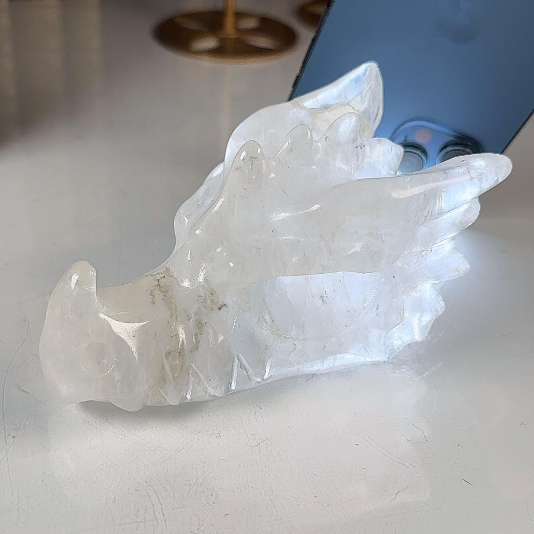 Clear Quartz Dragon Head | Healing Crystal Carving | Stone Statue Energy Goddess Body Energy Reiki Altar