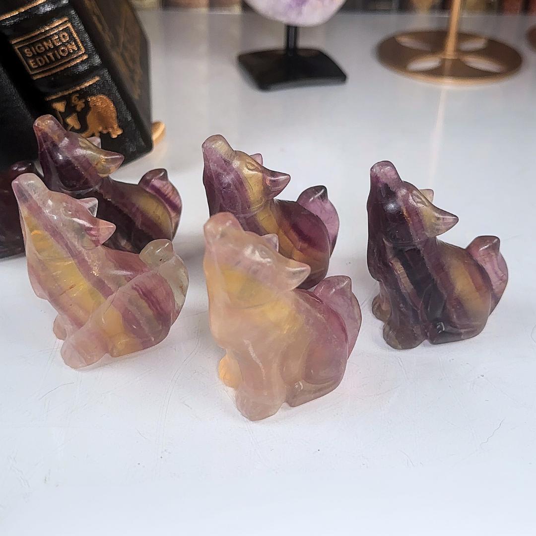 Candy Fluorite Wolf Crystal Carving | Intuitively Selected | Home Decor Feng Shui Gift