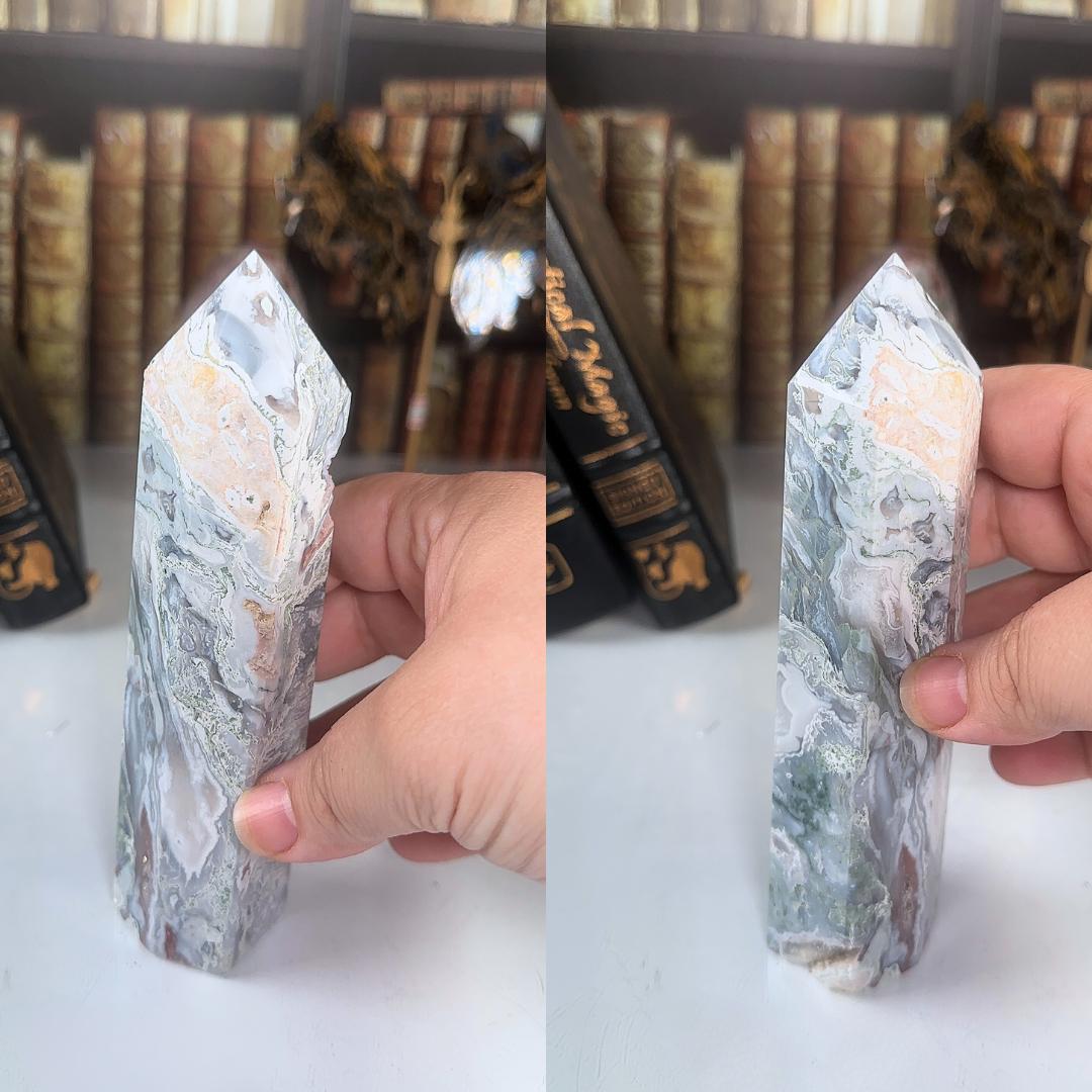 Large Pink Moss Agate Tower | US Seller | Crystal Gemstone Throat Chakra Energy Healing Altar Feng Shui