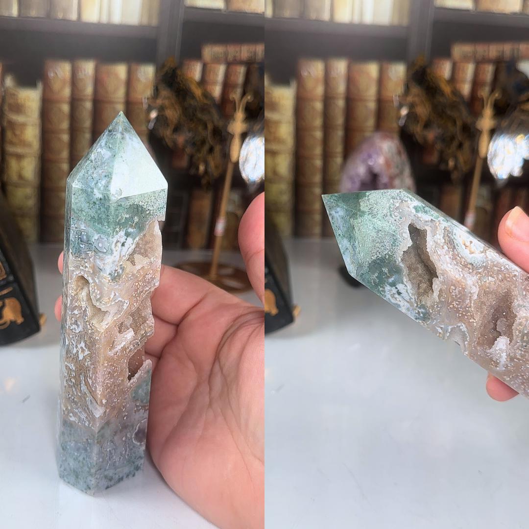 Large Pink Moss Agate Tower | US Seller | Crystal Gemstone Throat Chakra Energy Healing Altar Feng Shui