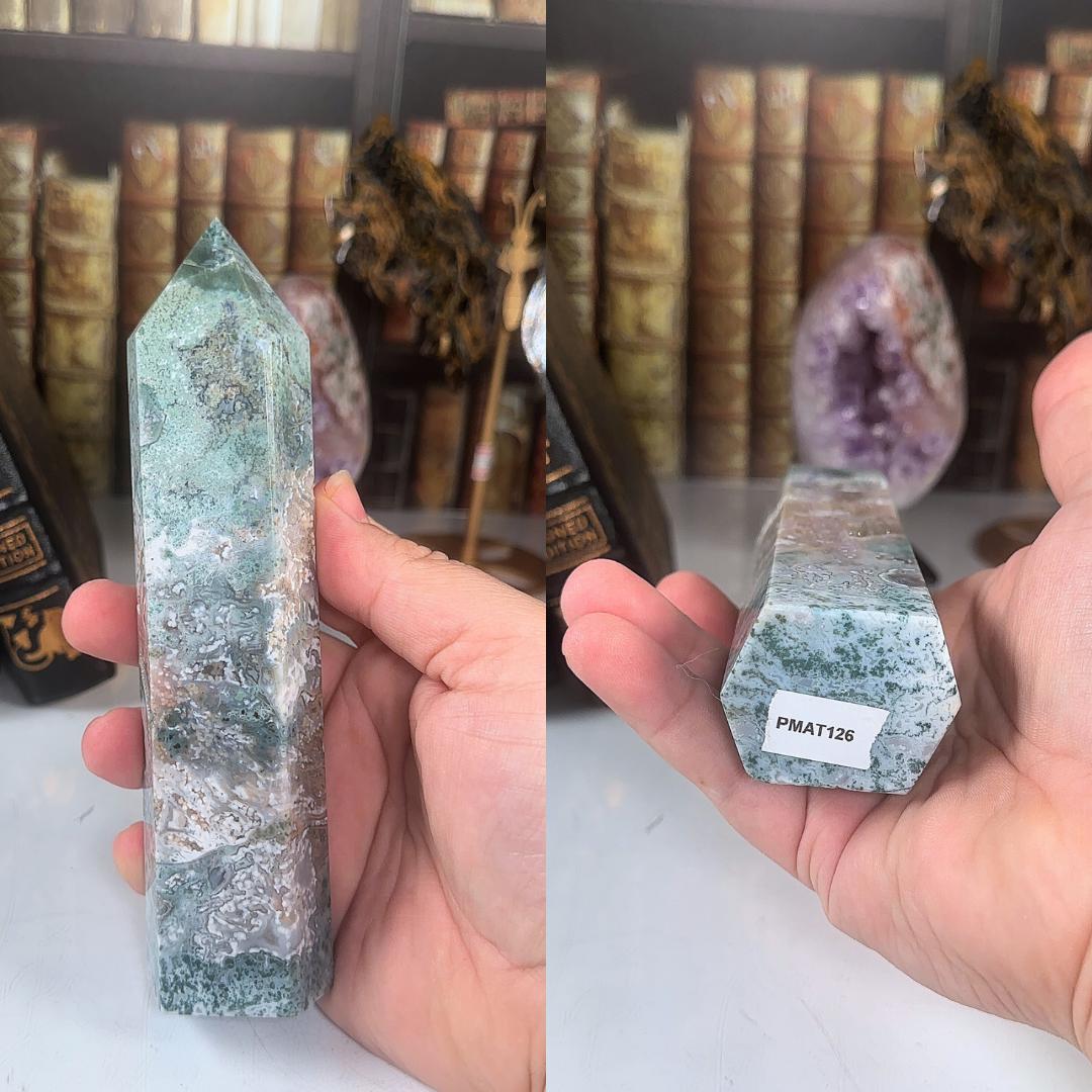 Large Pink Moss Agate Tower | US Seller | Crystal Gemstone Throat Chakra Energy Healing Altar Feng Shui
