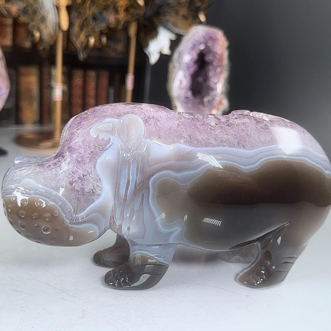 Druzy Amethyst Agate Hippo Carving | US Seller | Home Decor Energy Healing Feng Shui Altar Reiki Office Gift