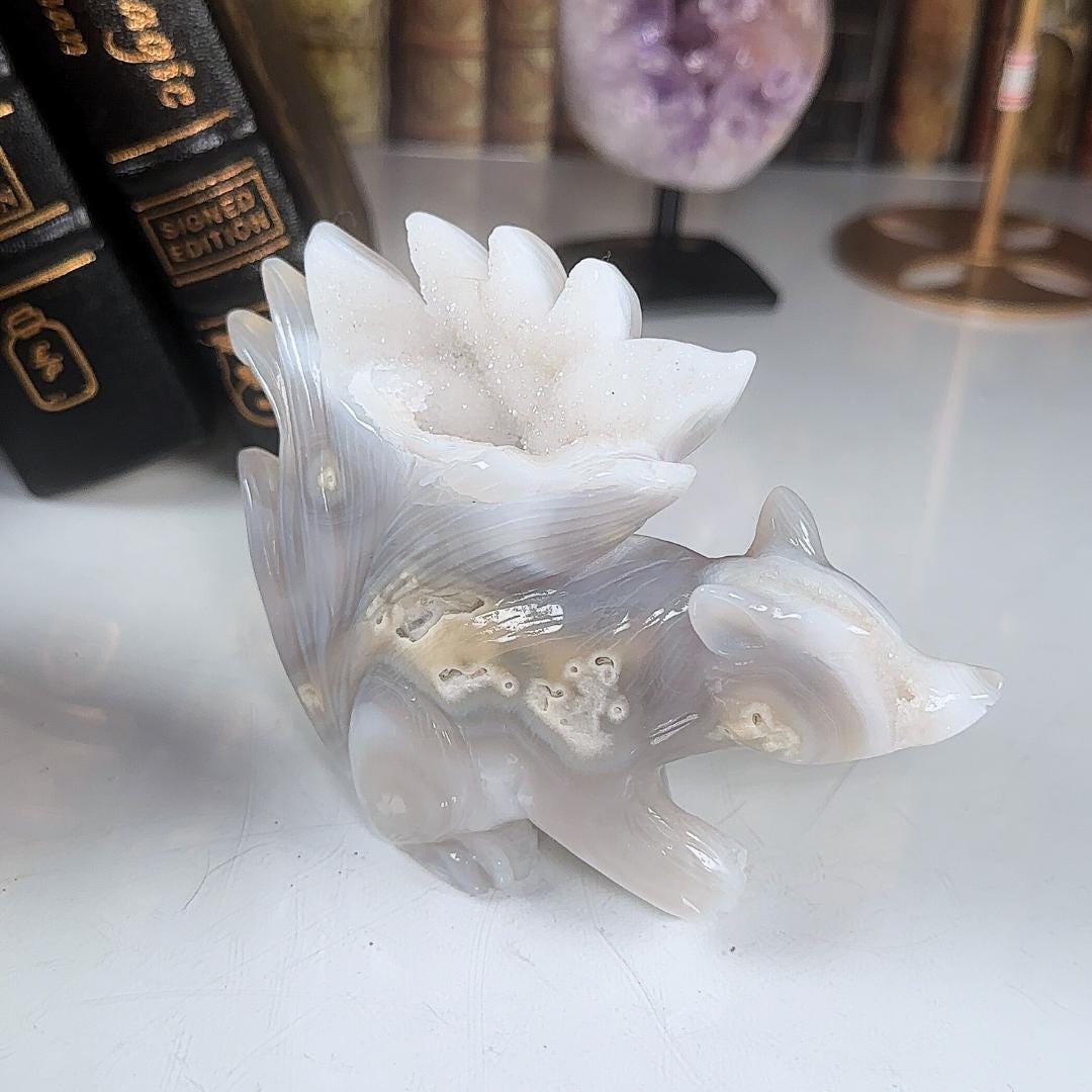 Druzy Flower Agate Pink Amethyst Fox Crystal Carving Geode Statement Piece