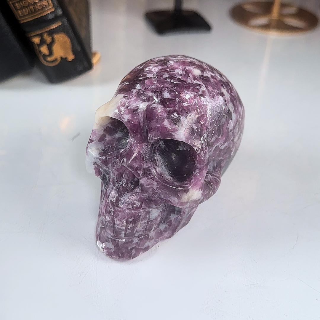 Flashy Lepidolite Skull Crystal Realistic Stone Sculpture Altar Reiki Energy Healing Stress