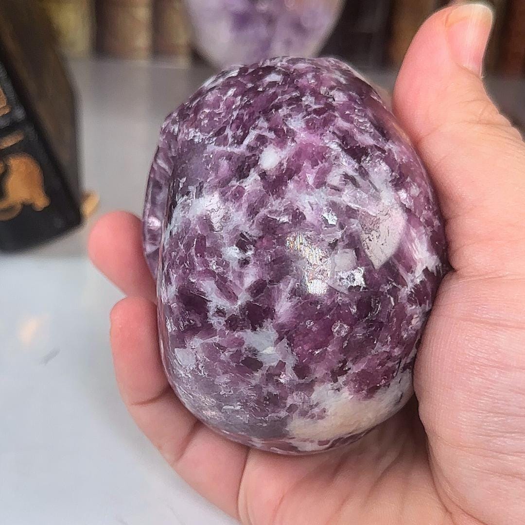Flashy Lepidolite Skull Crystal Realistic Stone Sculpture Altar Reiki Energy Healing Stress
