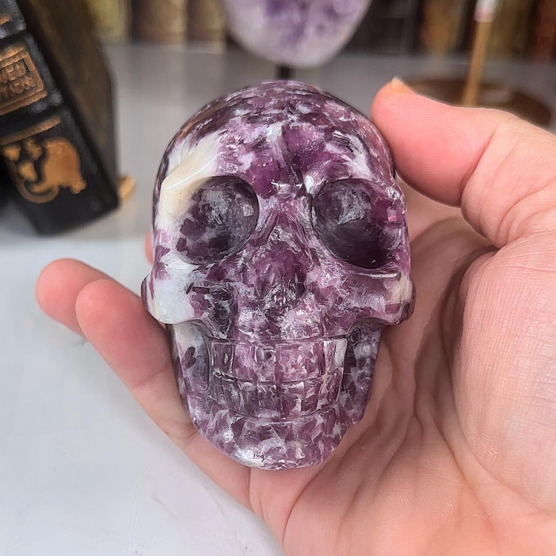 Flashy Lepidolite Skull Crystal Realistic Stone Sculpture Altar Reiki Energy Healing Stress