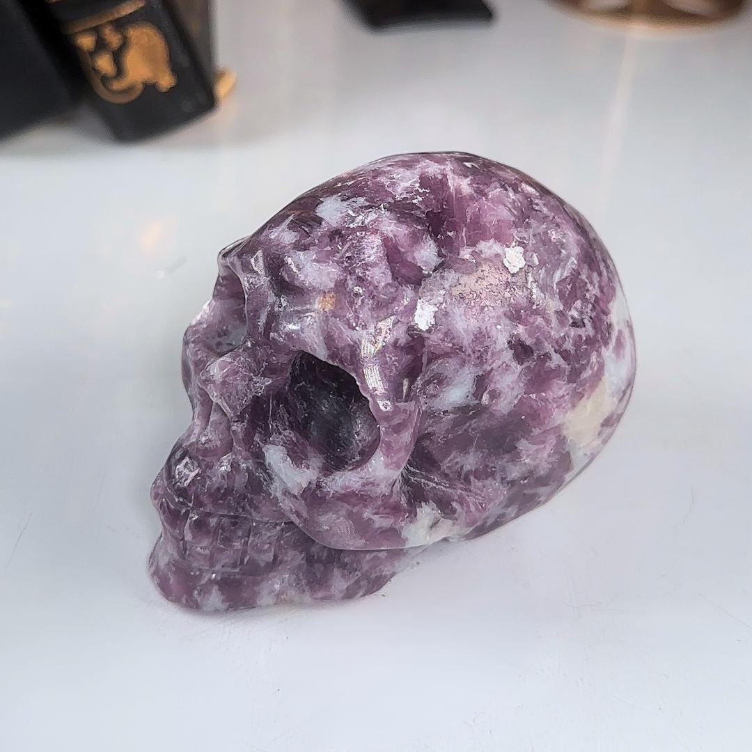 Flashy Lepidolite Skull Crystal Realistic Stone Sculpture Altar Reiki Energy Healing Stress