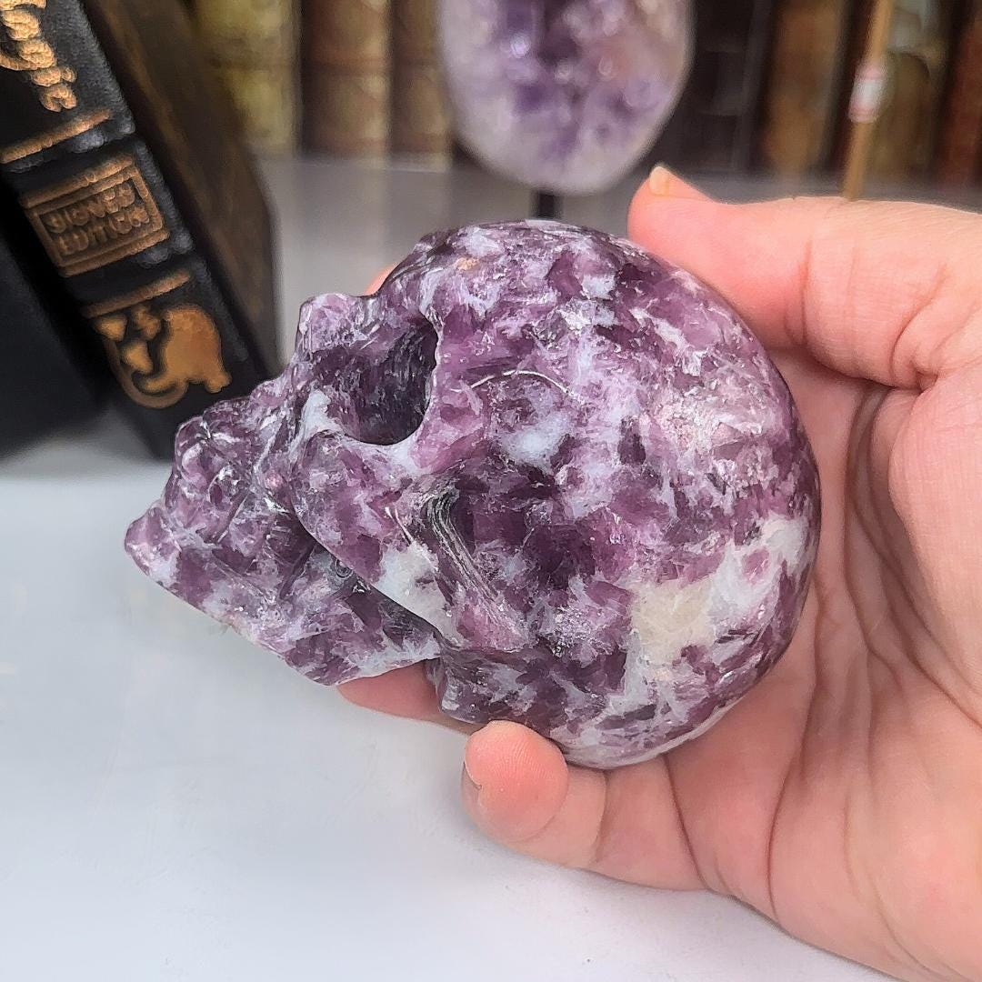 Flashy Lepidolite Skull Crystal Realistic Stone Sculpture Altar Reiki Energy Healing Stress