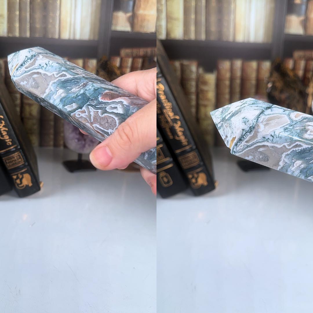 Large Pink Moss Agate Tower | US Seller | Crystal Gemstone Throat Chakra Energy Healing Altar Feng Shui