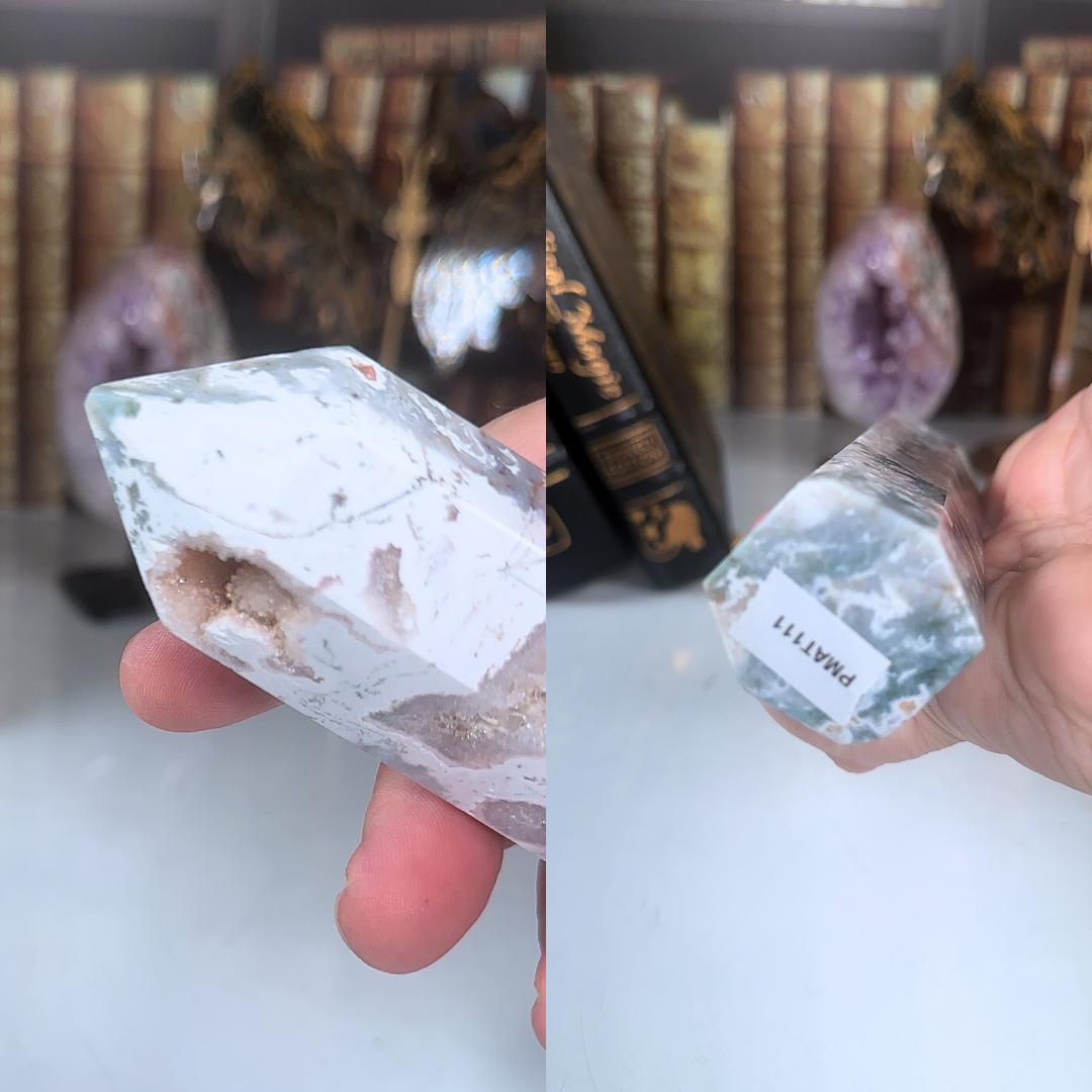 Large Pink Moss Agate Tower | US Seller | Crystal Gemstone Throat Chakra Energy Healing Altar Feng Shui