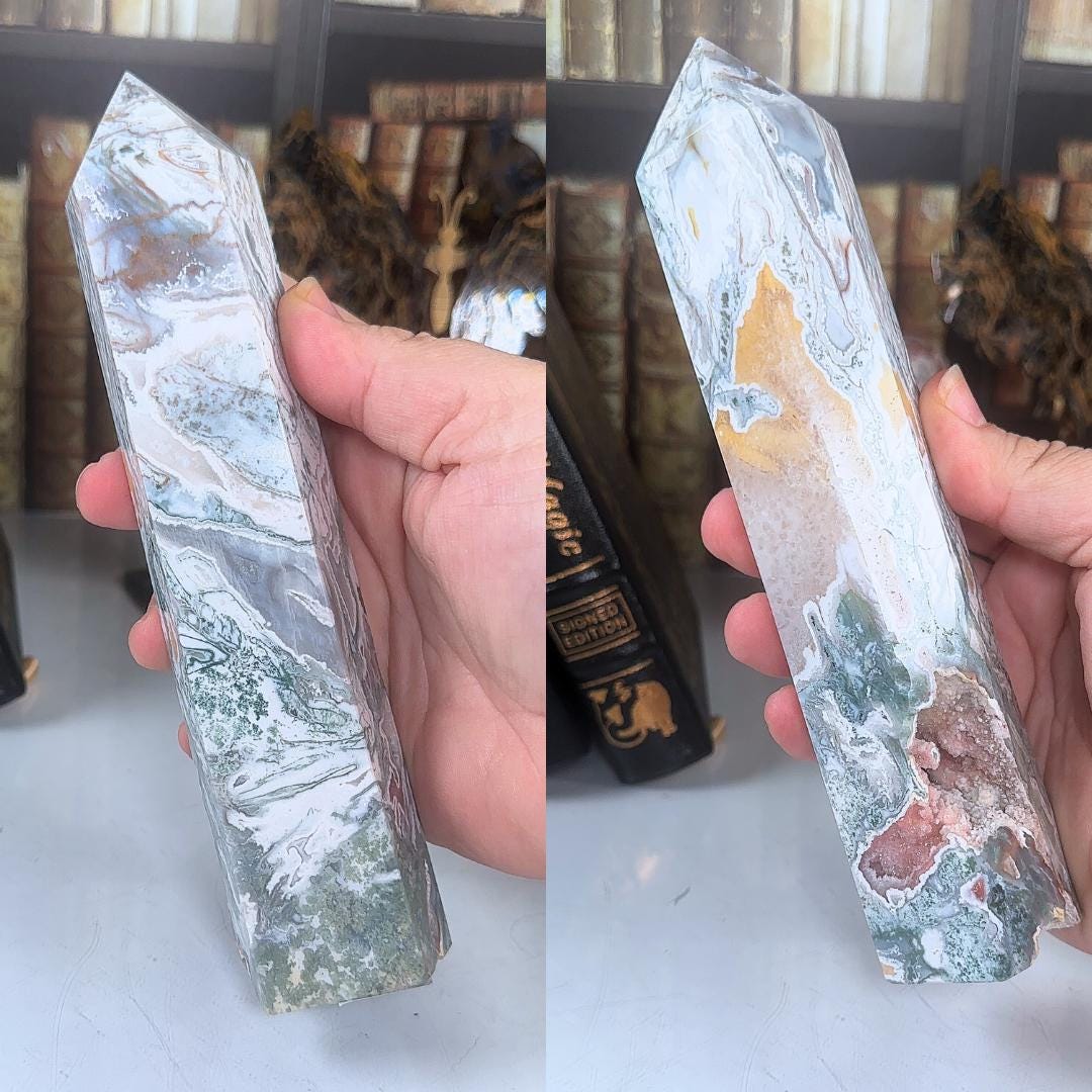 Large Pink Moss Agate Tower | US Seller | Crystal Gemstone Throat Chakra Energy Healing Altar Feng Shui