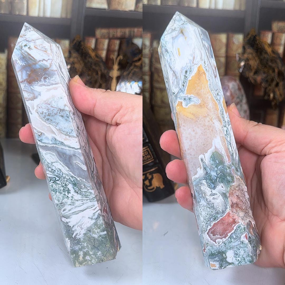 Large Pink Moss Agate Tower | US Seller | Crystal Gemstone Throat Chakra Energy Healing Altar Feng Shui