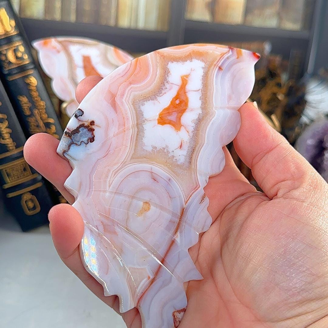 Flower Agate Carnelian Crystal Wings | Stone Carving Sculpture Healing Altar Reiki Feng Shui Altar