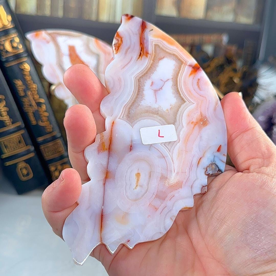 Flower Agate Carnelian Crystal Wings | Stone Carving Sculpture Healing Altar Reiki Feng Shui Altar