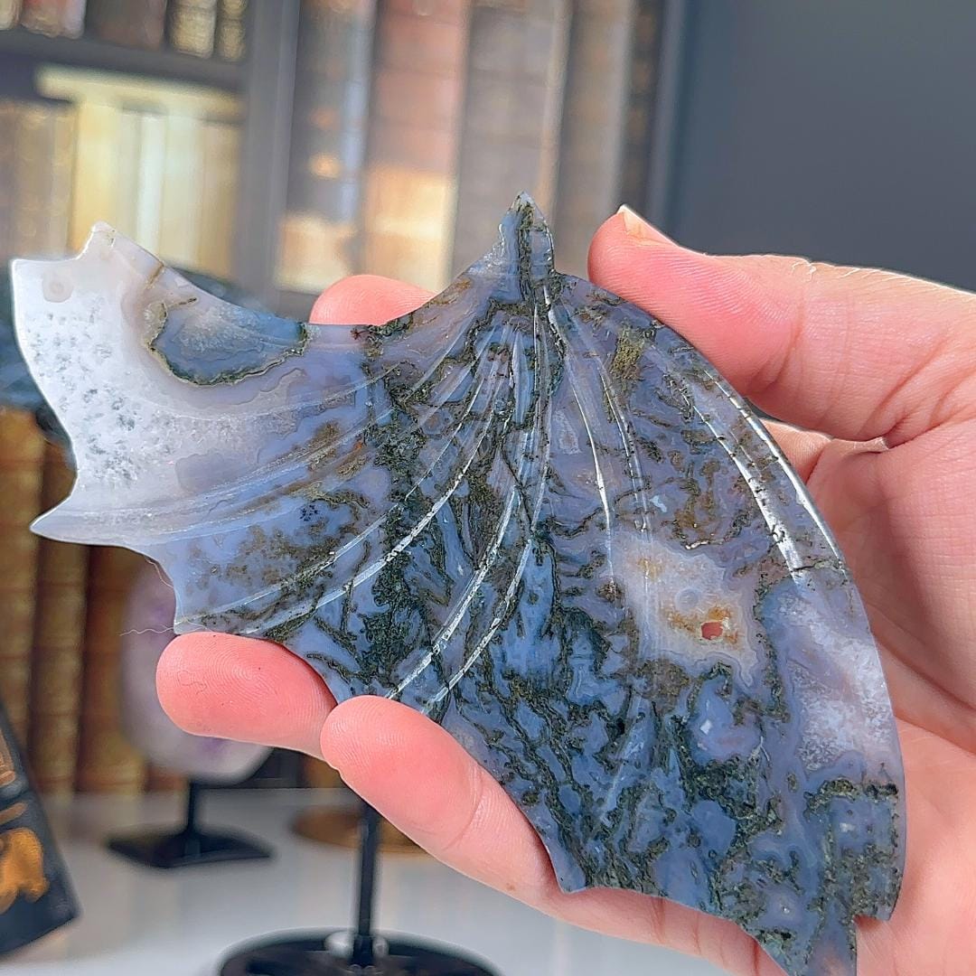 Druzy Blue Moss Agate Wings | Crystal Carving Statement Piece | US Seller